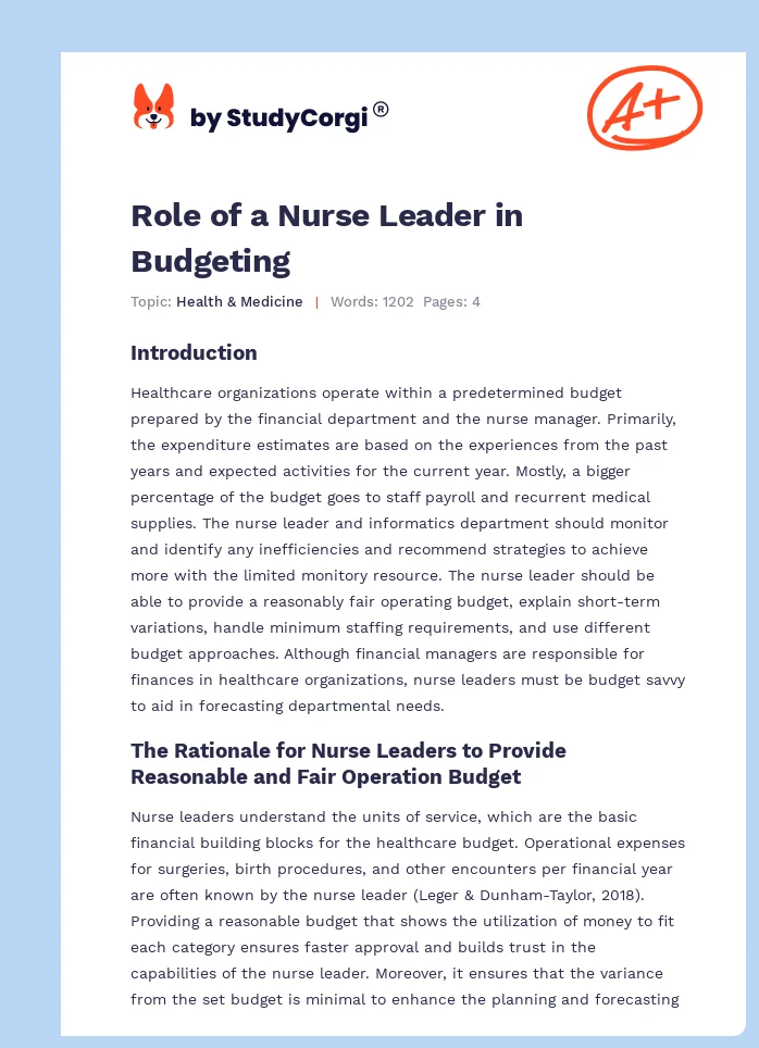 Role of a Nurse Leader in Budgeting. Page 1