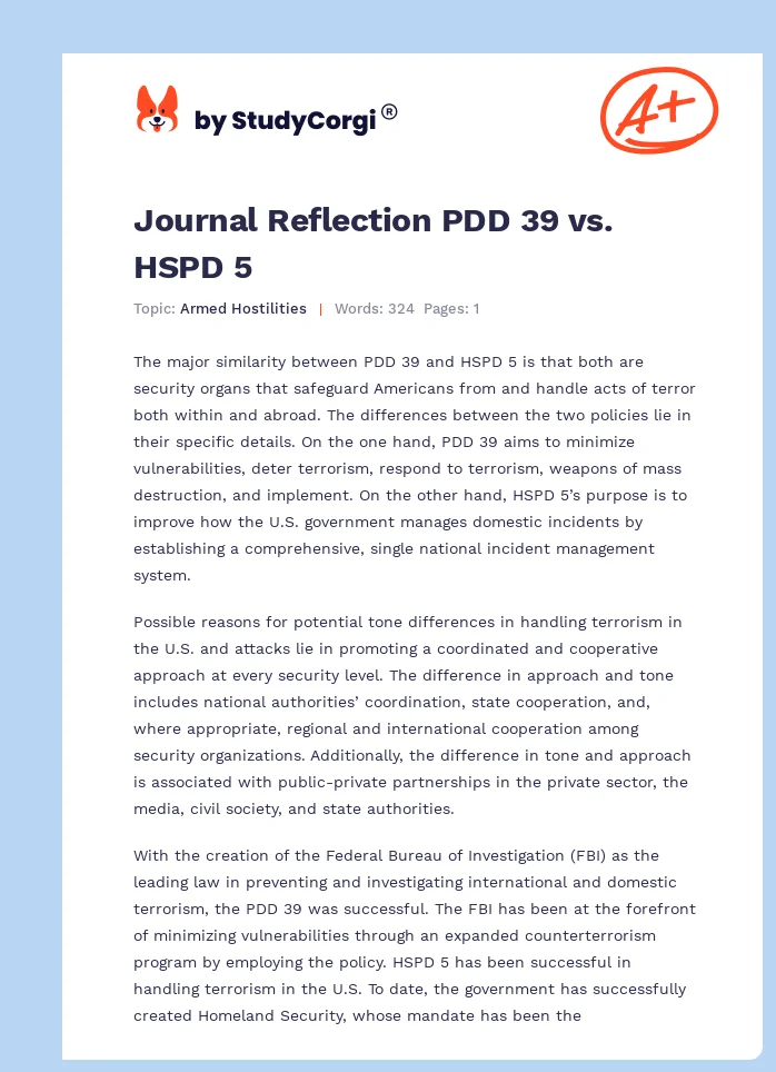 Journal Reflection PDD 39 vs. HSPD 5. Page 1