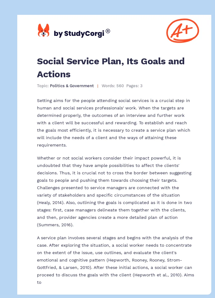 Social Service Plan, Its Goals and Actions. Page 1