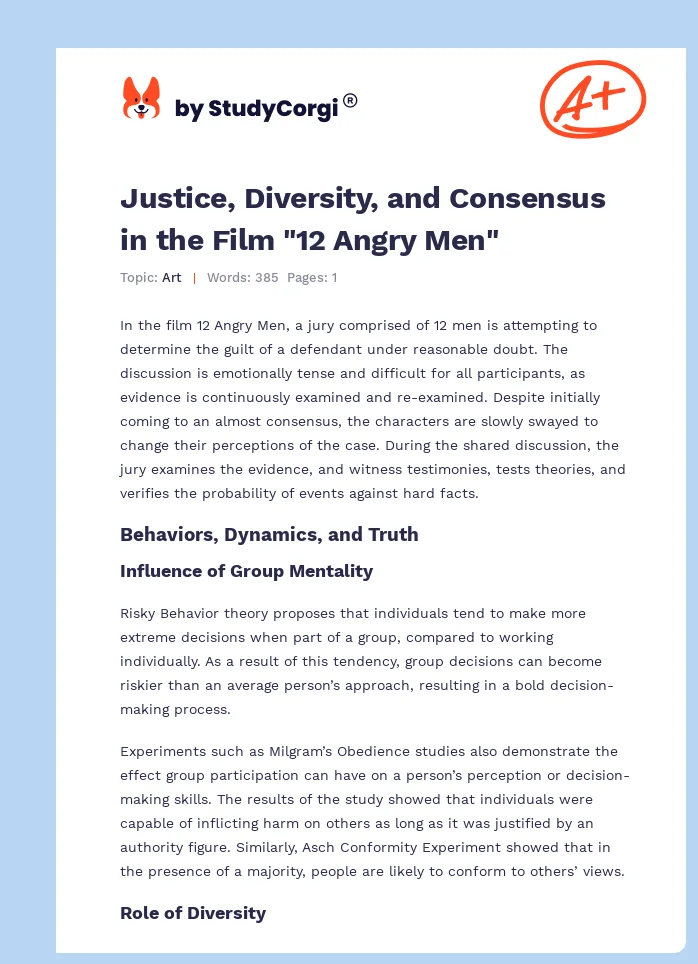 Justice, Diversity, and Consensus in the Film "12 Angry Men". Page 1