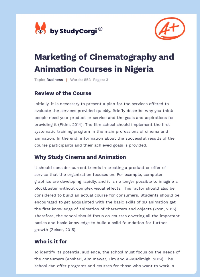 Marketing of Cinematography and Animation Courses in Nigeria. Page 1