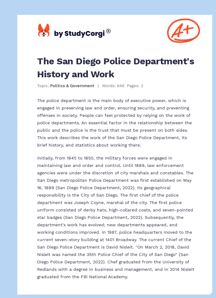 The San Diego Police Department's History and Work. Page 1
