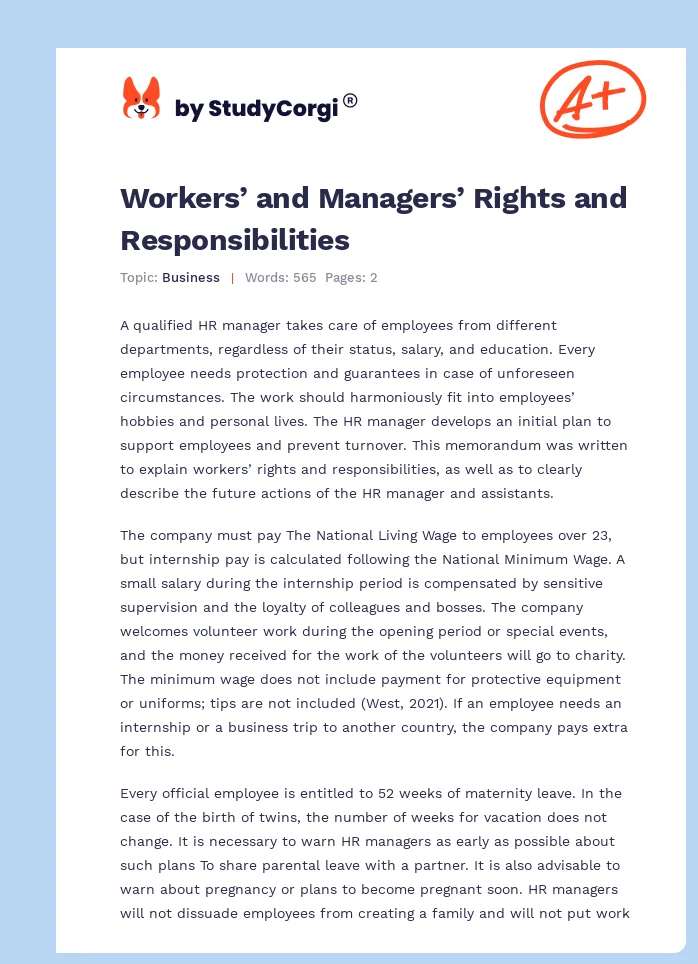 Workers’ and Managers’ Rights and Responsibilities. Page 1