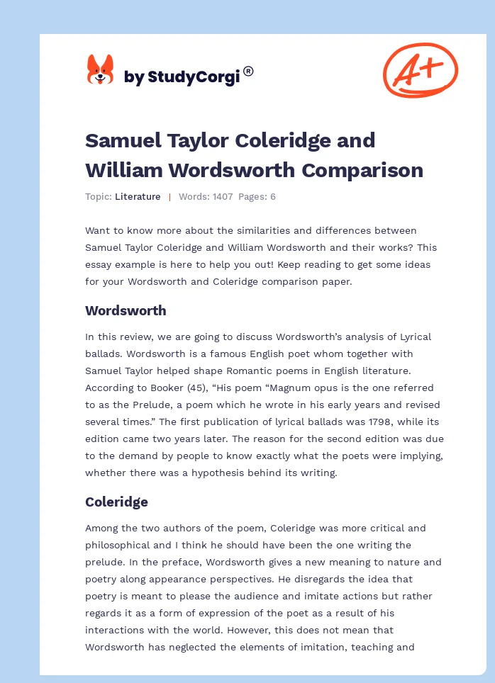 Samuel Taylor Coleridge and William Wordsworth Comparison. Page 1