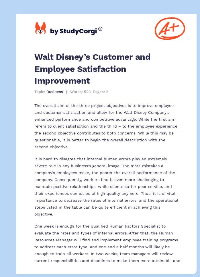 Walt Disney’s Customer and Employee Satisfaction Improvement. Page 1