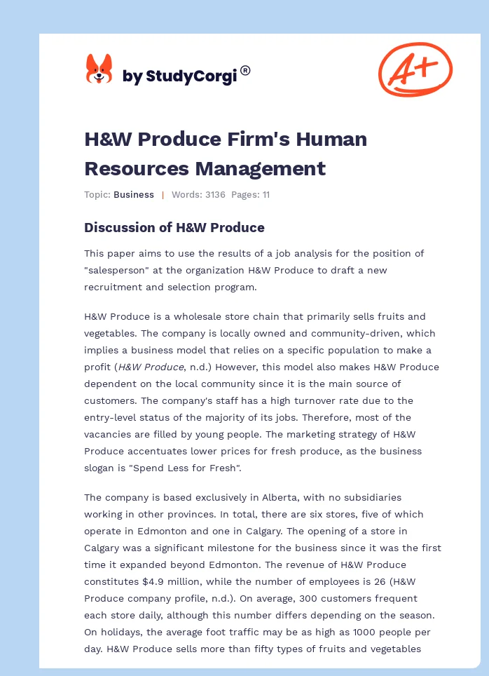 H&W Produce Firm's Human Resources Management. Page 1