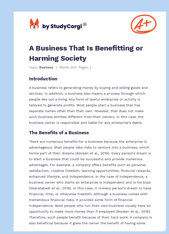 A Business That Is Benefitting or Harming Society. Page 1