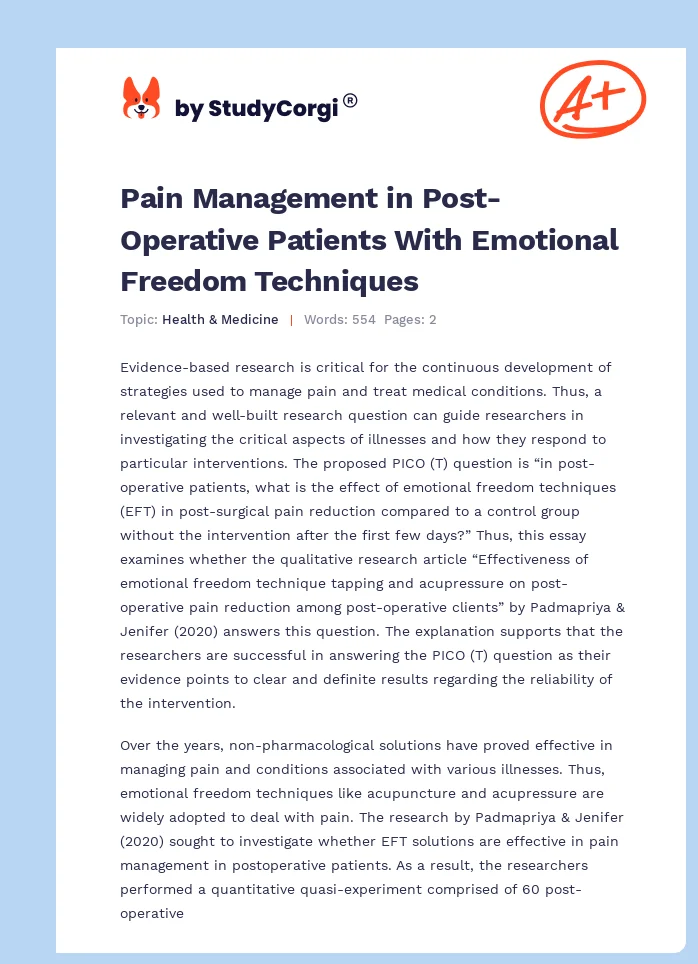 Pain Management in Post-Operative Patients With Emotional Freedom Techniques. Page 1