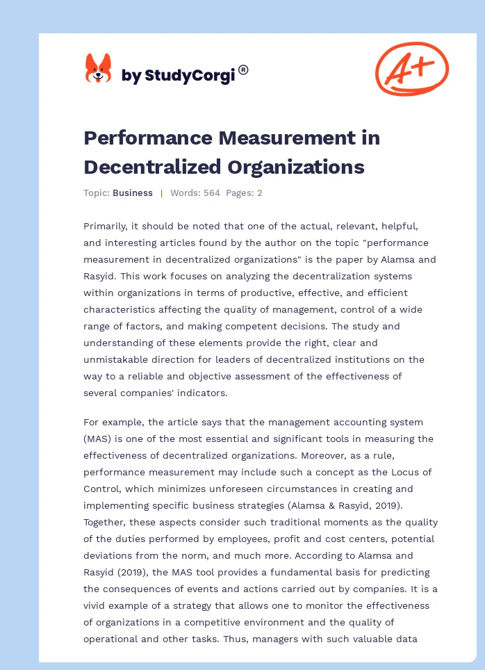 Performance Measurement in Decentralized Organizations. Page 1
