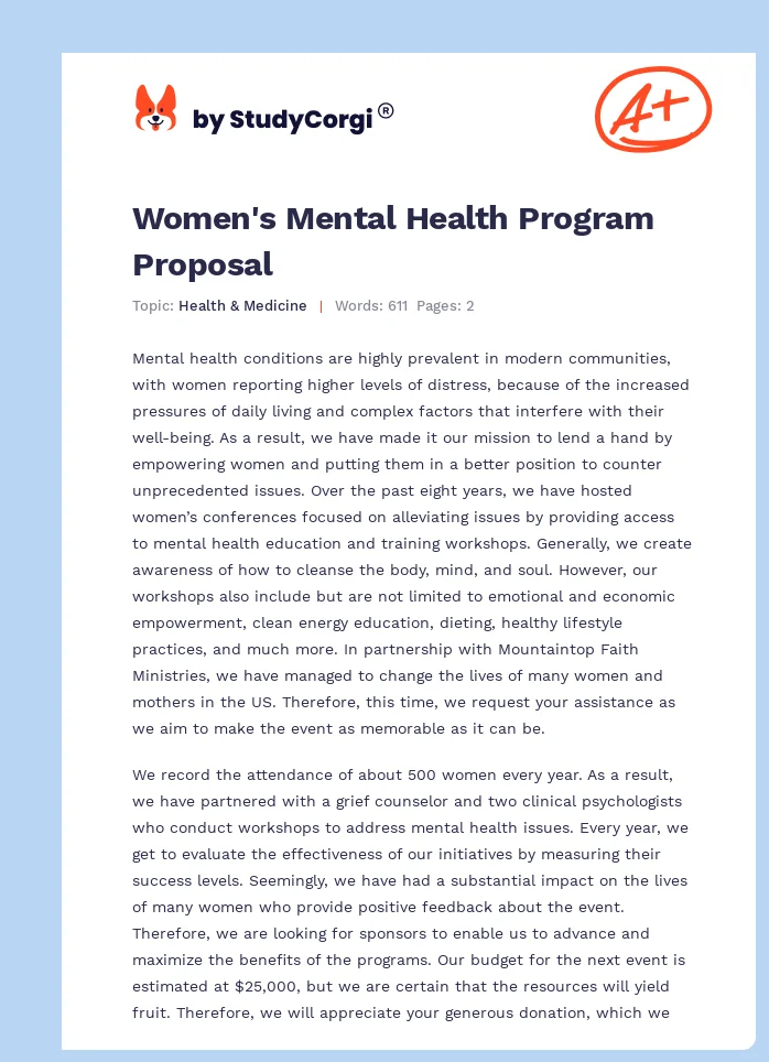 Women's Mental Health Program Proposal. Page 1