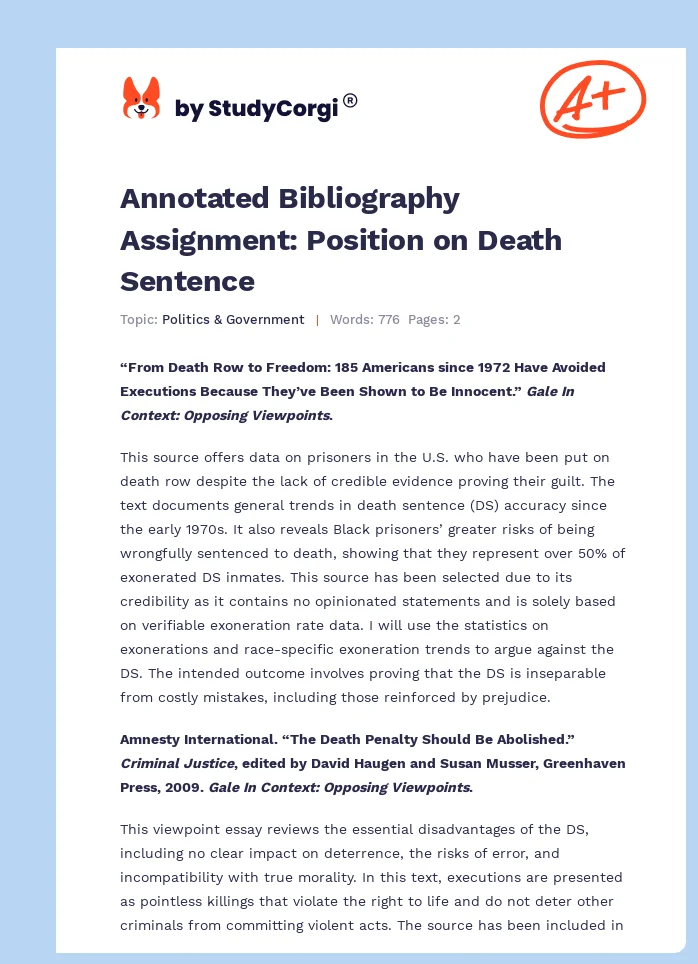 Annotated Bibliography Assignment: Position on Death Sentence. Page 1
