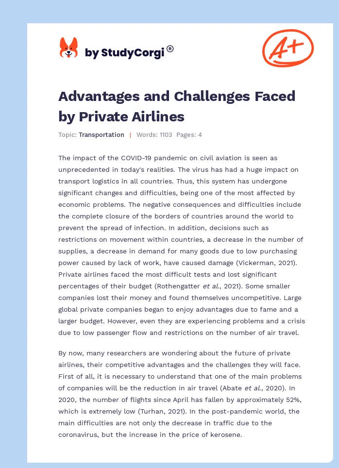 Advantages and Challenges Faced by Private Airlines. Page 1