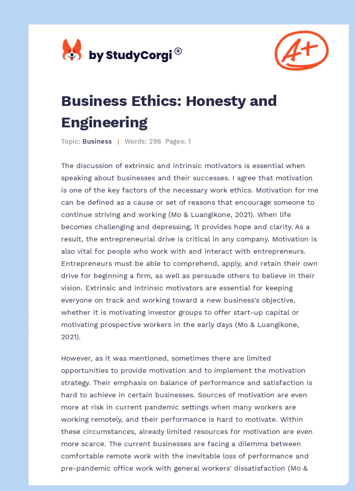 Business Ethics: Honesty and Engineering. Page 1