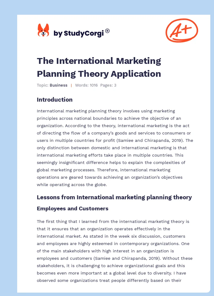 The International Marketing Planning Theory Application. Page 1