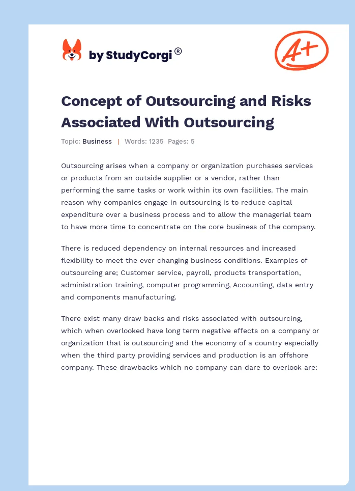 Concept of Outsourcing and Risks Associated With Outsourcing. Page 1