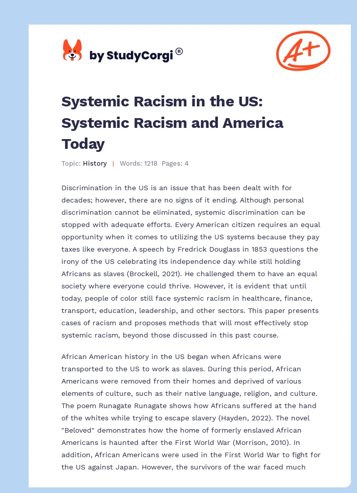 Systemic Racism in the US: Systemic Racism and America Today. Page 1