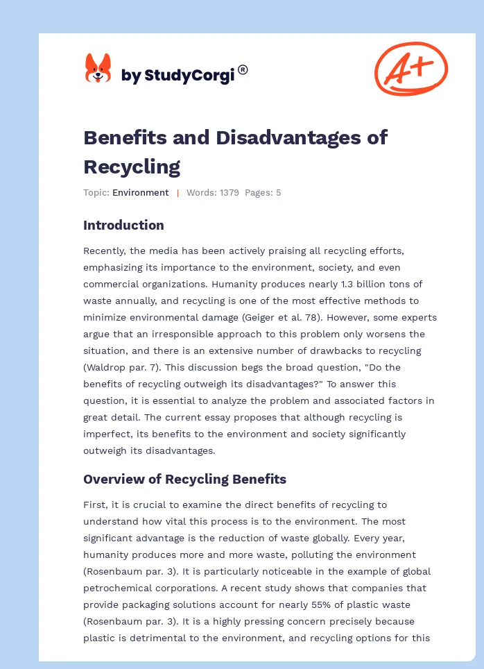 Benefits and Disadvantages of Recycling. Page 1