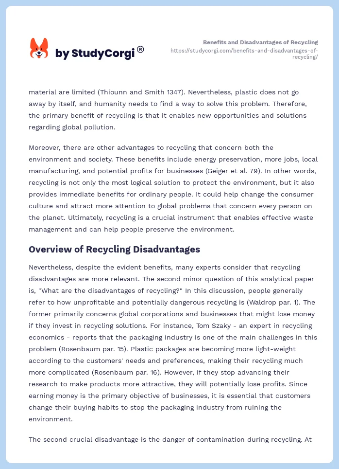 Benefits and Disadvantages of Recycling. Page 2