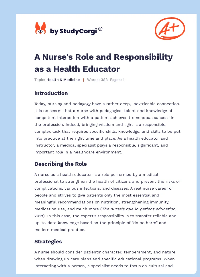 A Nurse's Role and Responsibility as a Health Educator. Page 1