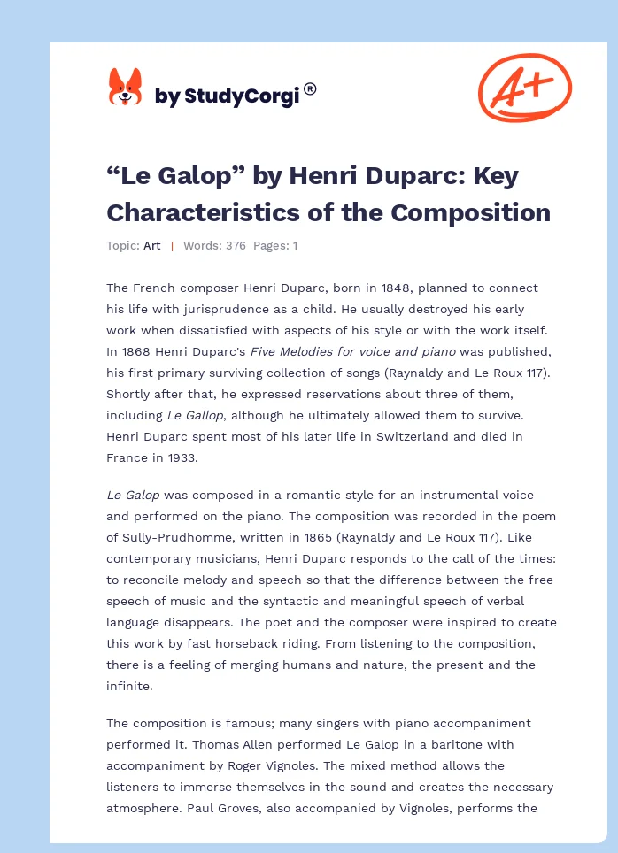 “Le Galop” by Henri Duparc: Key Characteristics of the Composition. Page 1