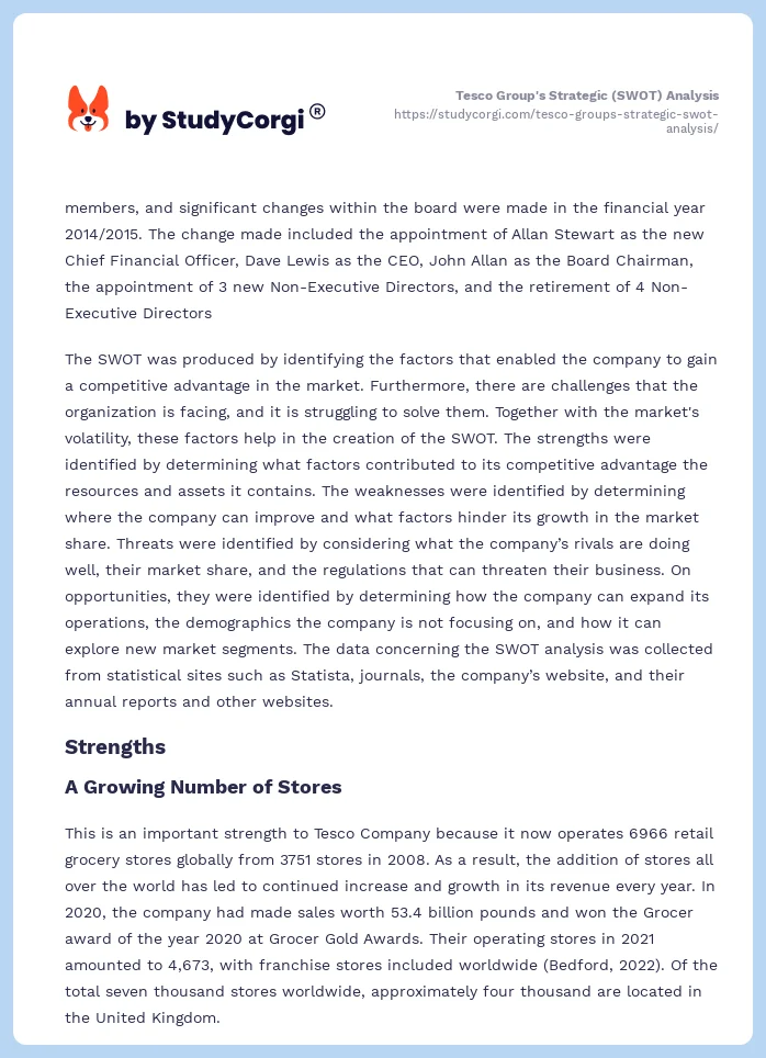 Tesco Group's Strategic (SWOT) Analysis. Page 2