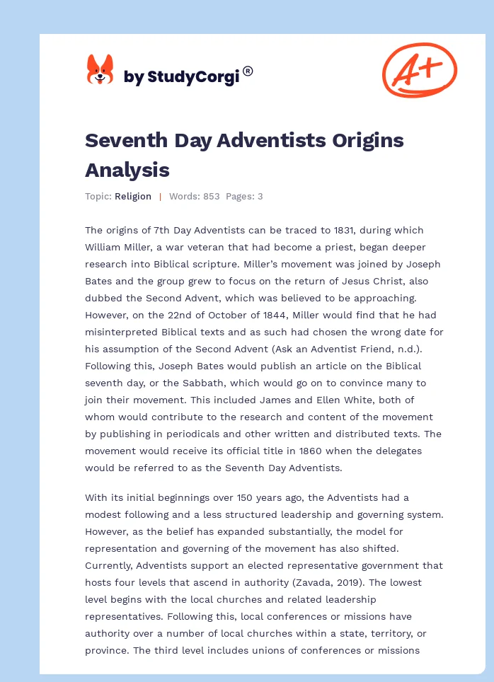 Seventh Day Adventists Origins Analysis. Page 1