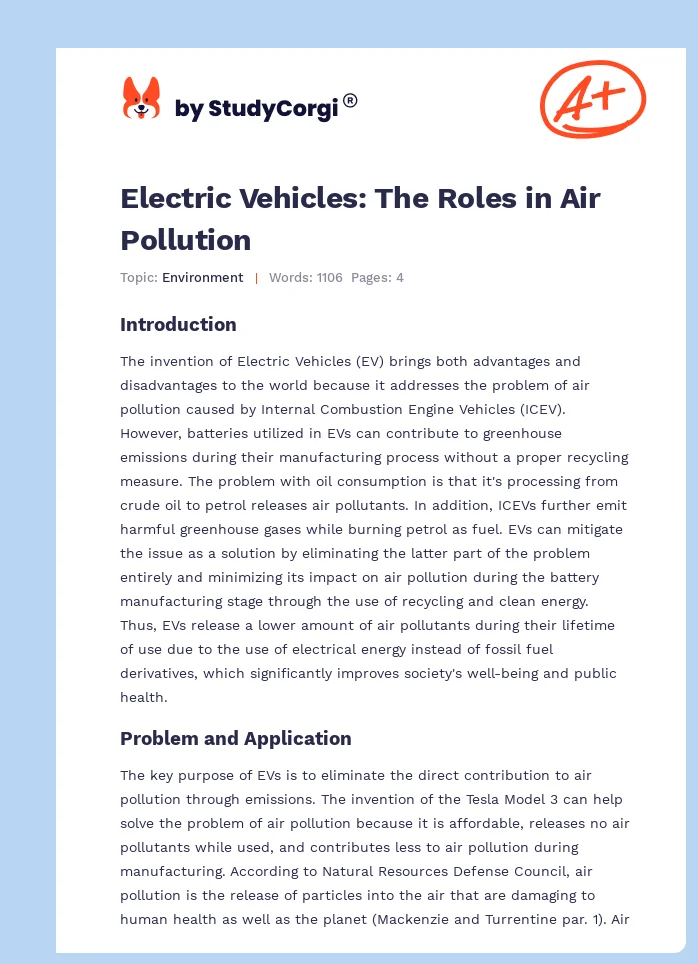 Electric Vehicles: The Roles in Air Pollution. Page 1