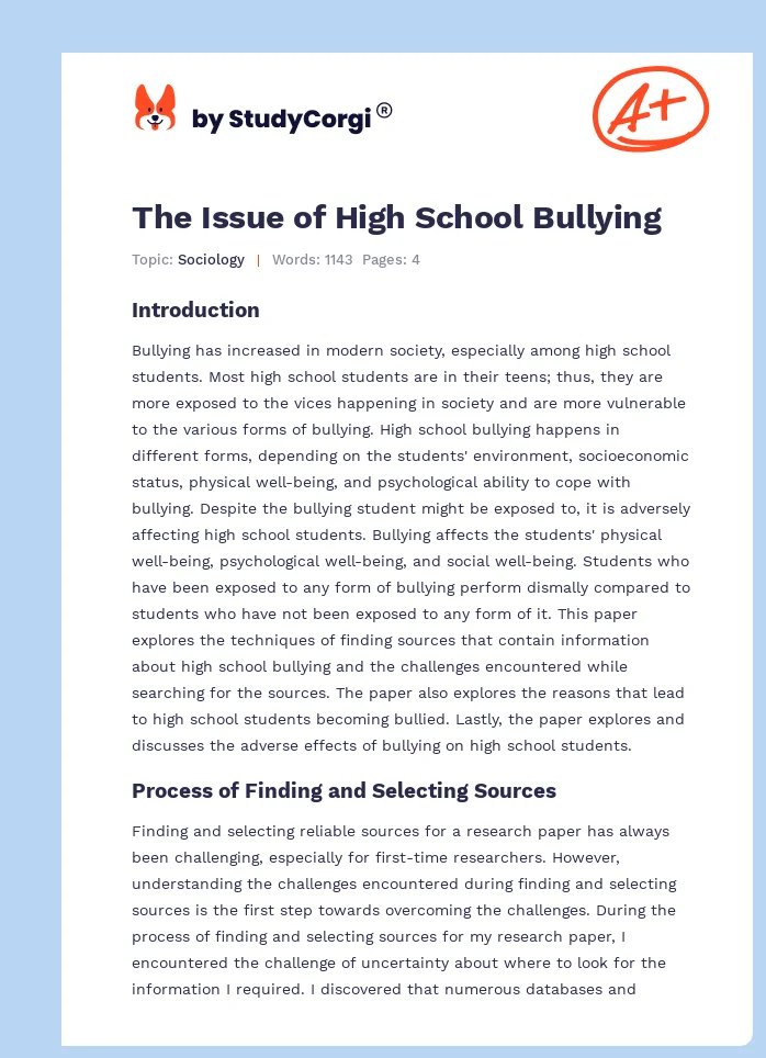 The Issue of High School Bullying. Page 1