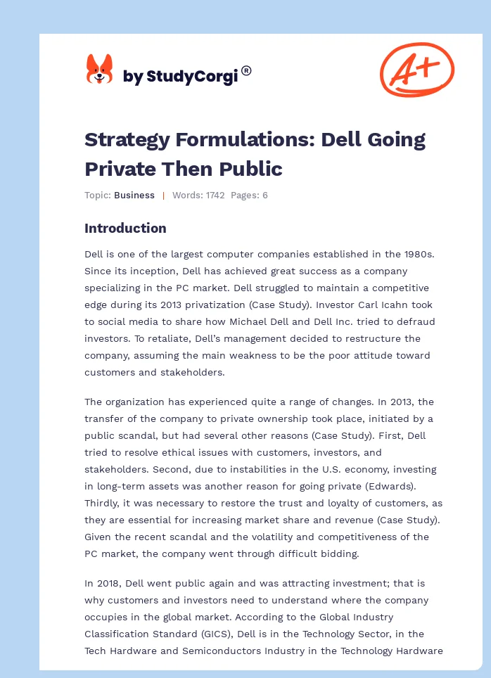 Strategy Formulations: Dell Going Private Then Public. Page 1