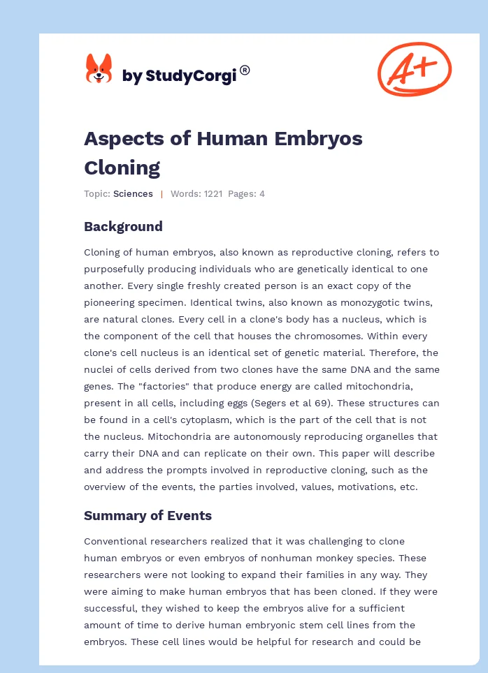 Aspects of Human Embryos Cloning. Page 1