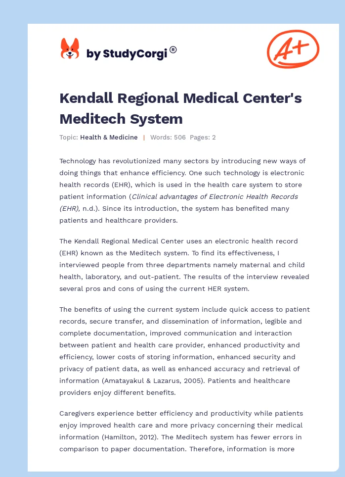 Kendall Regional Medical Center's Meditech System. Page 1