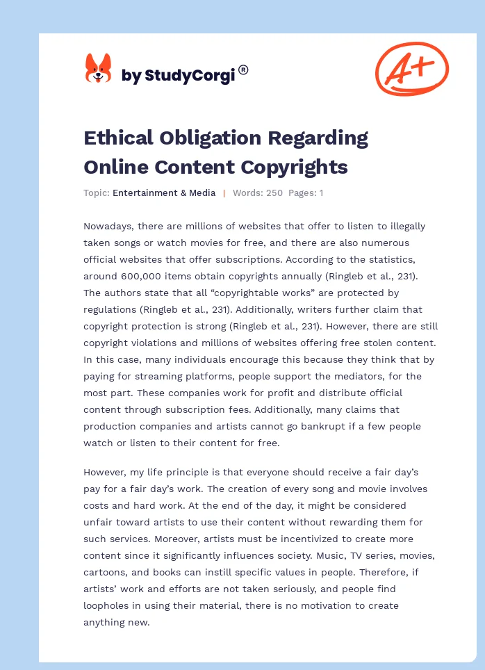 Ethical Obligation Regarding Online Content Copyrights. Page 1