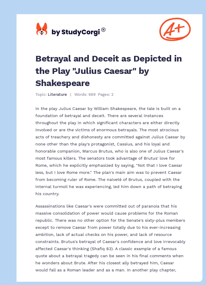 Betrayal and Deceit as Depicted in the Play "Julius Caesar" by Shakespeare. Page 1