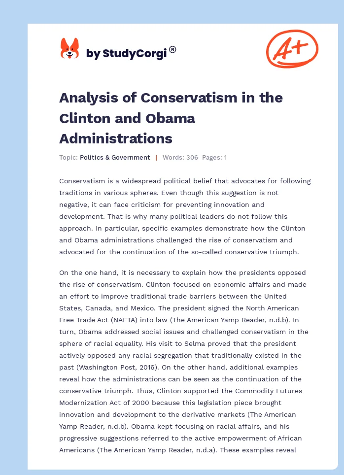 Analysis of Conservatism in the Clinton and Obama Administrations. Page 1
