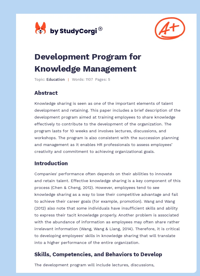 Development Program for Knowledge Management. Page 1