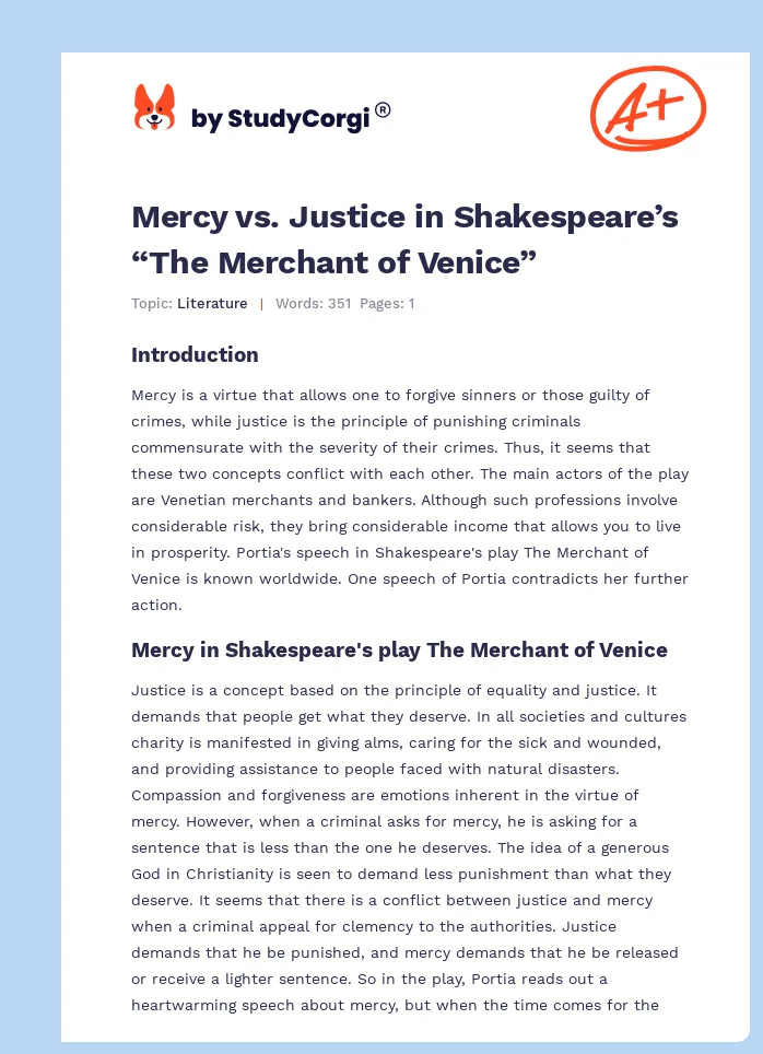 Mercy vs. Justice in Shakespeare’s “The Merchant of Venice”. Page 1