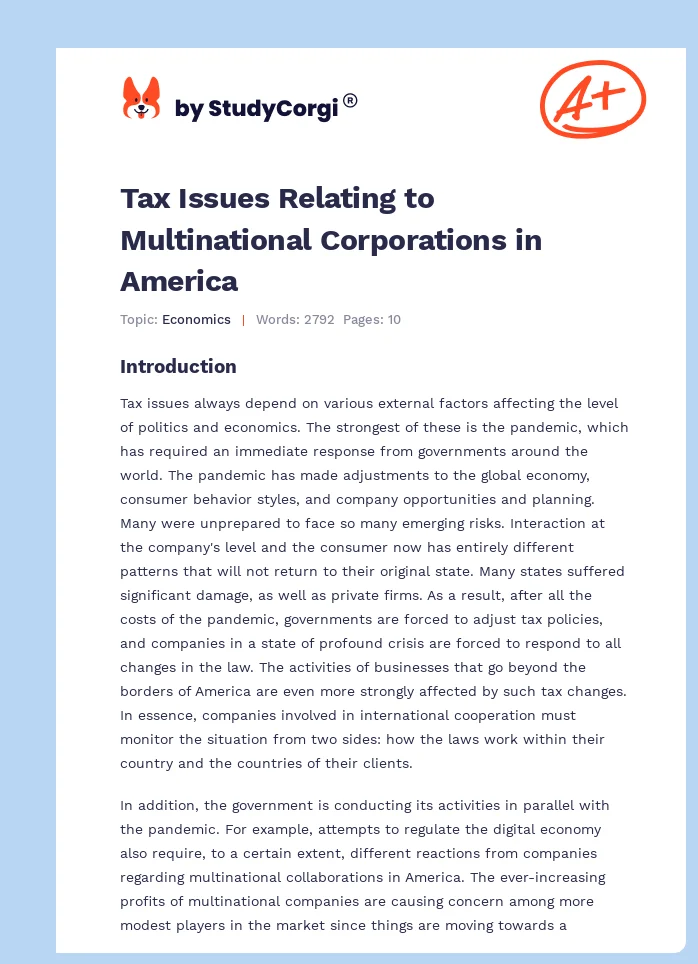 Tax Issues Relating to Multinational Corporations in America. Page 1