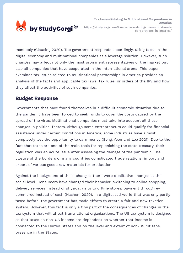 Tax Issues Relating to Multinational Corporations in America. Page 2