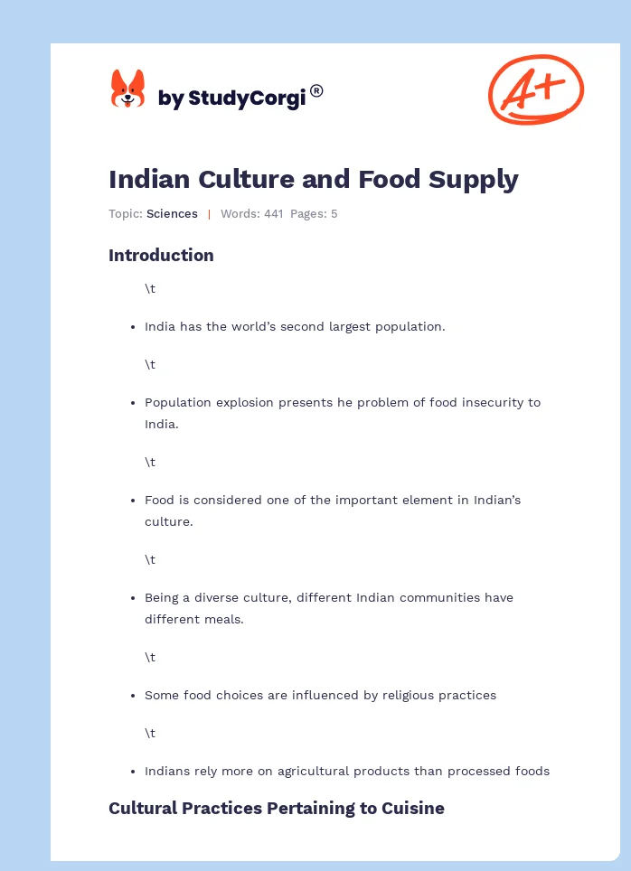 Indian Culture and Food Supply. Page 1