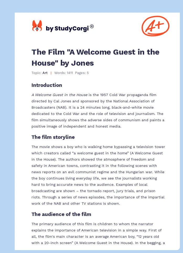 The Film "A Welcome Guest in the House" by Jones. Page 1