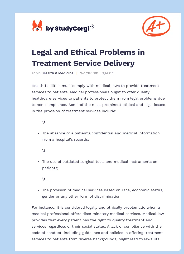 Legal and Ethical Problems in Treatment Service Delivery. Page 1
