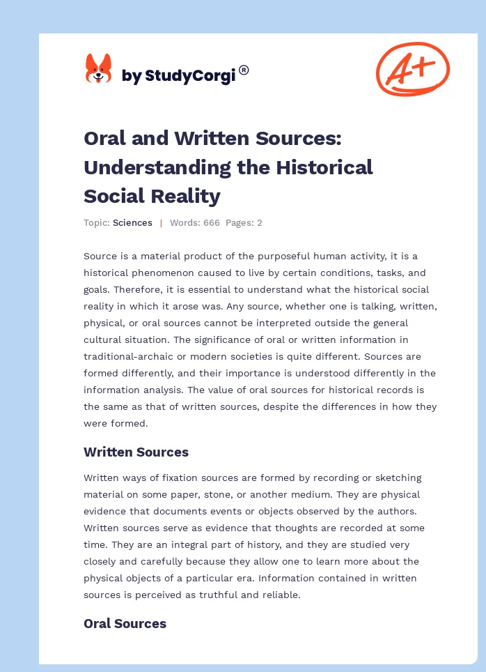 Oral and Written Sources: Understanding the Historical Social Reality. Page 1