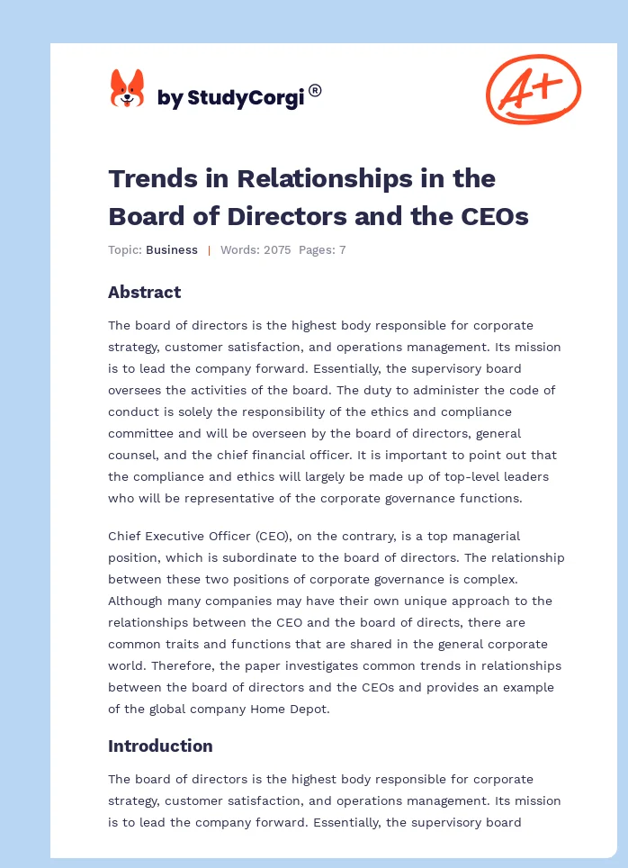 Trends in Relationships in the Board of Directors and the CEOs. Page 1