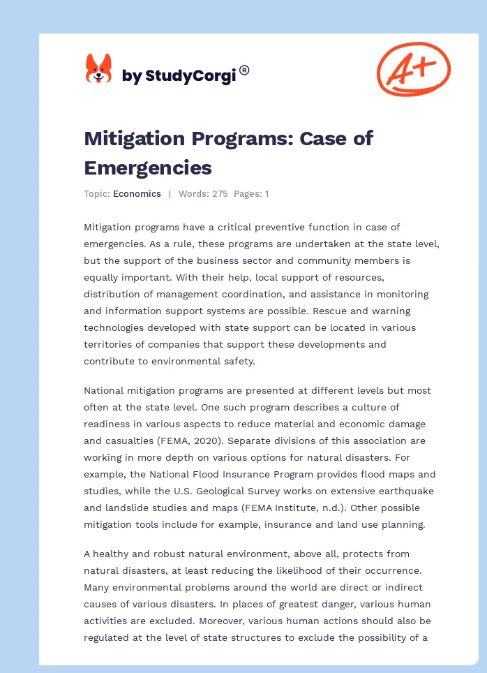 Mitigation Programs: Case of Emergencies. Page 1
