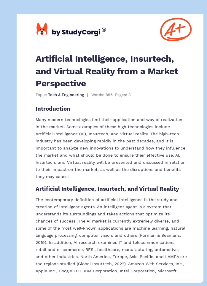 Artificial Intelligence, Insurtech, and Virtual Reality from a Market Perspective. Page 1