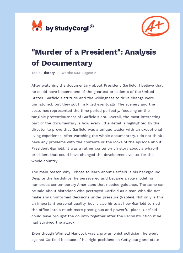 "Murder of a President": Analysis of Documentary. Page 1