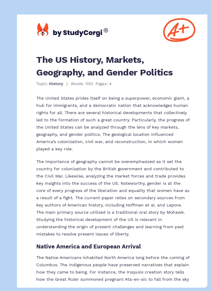 The US History, Markets, Geography, and Gender Politics. Page 1