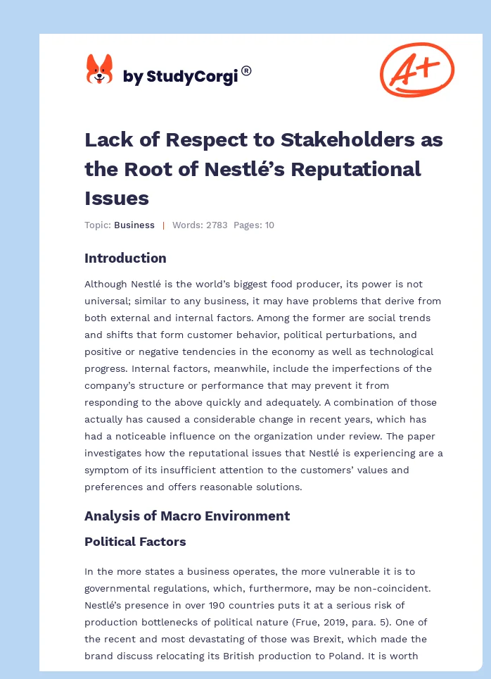 Lack of Respect to Stakeholders as the Root of Nestlé’s Reputational Issues. Page 1