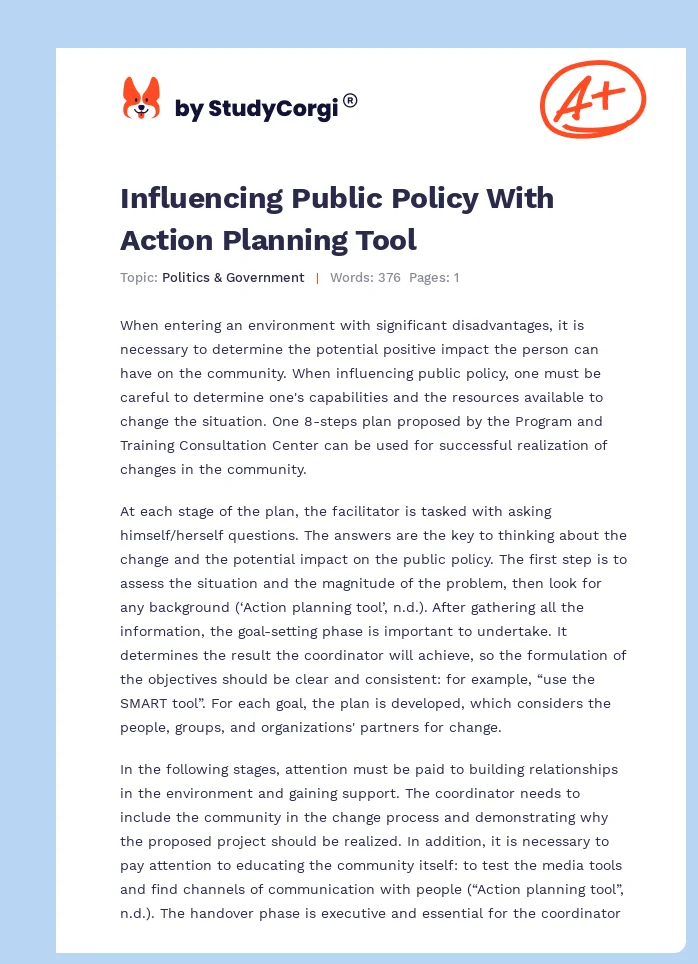 Influencing Public Policy With Action Planning Tool. Page 1
