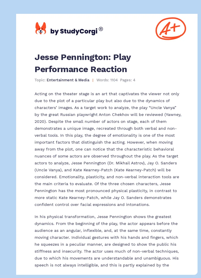 Jesse Pennington: Play Performance Reaction. Page 1